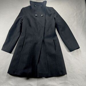 Trina Turk Pea Coat Womens 4 Black Lambswool‎ Double Breasted Mock Neck Trench